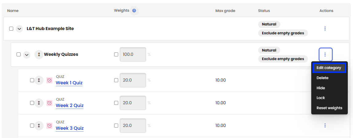Moodle Gradebook - Gradebook Setup - Grade Category - Edit Category